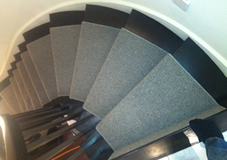 Solid Gray Colour Carpet Runner on Curve Staircase installation stair runners Mississauga